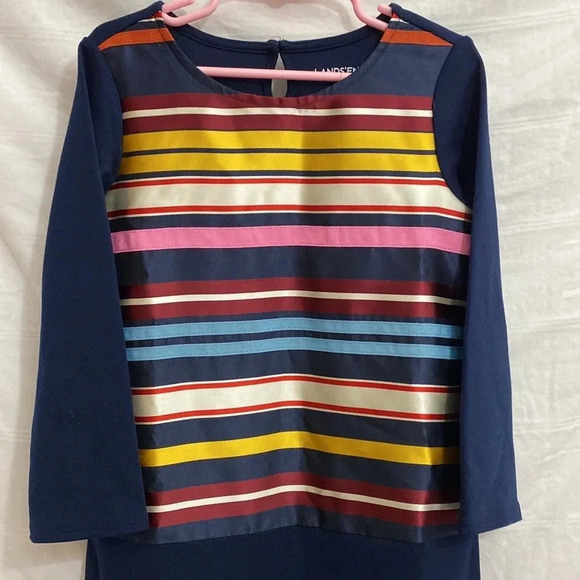 Lands’ End Long Sleeve Drop Waist Striped Ribbon Front - Picture 2 of 8